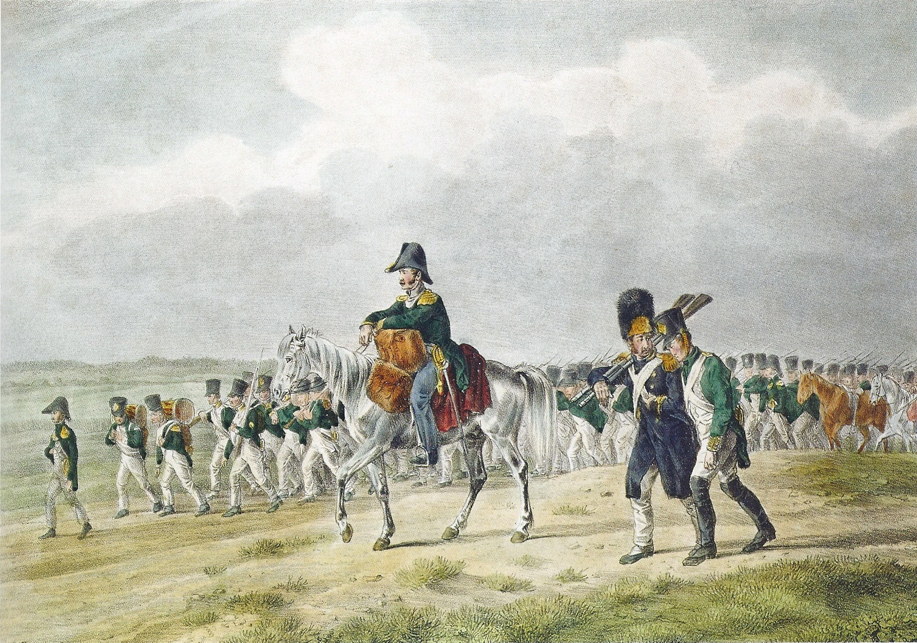 Lukisan cat air pasukan Grande Armée berbaris selama kampanye militer Rusia tahun 1812